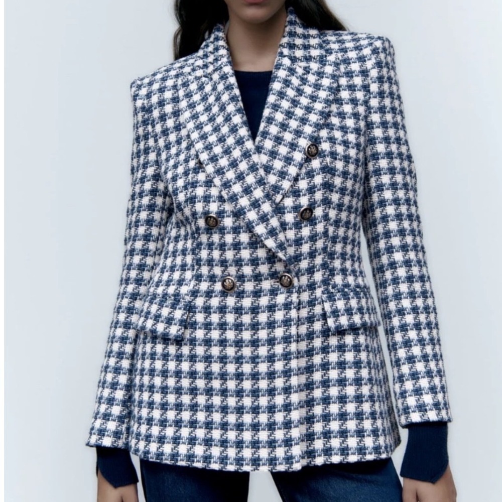 Zara Women Houndstooth Tweed Double Breasted Blazer Jacket XL Old Money Career